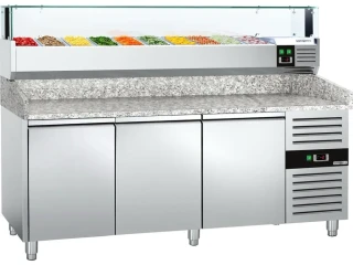 Chladicí stůl na pizzu PREMIUM - 2000x800 mm - se 3 dveřmi - vč. chladicí nástavbové vitríny s LED osvětlením - 10x GN 1/4