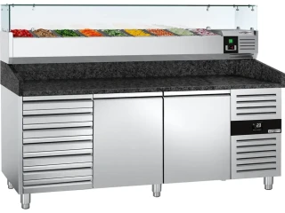 Chladicí stůl na pizzu PREMIUM - 2000x800 mm - se 2 dveřmi a 7 zásuvkami - vč. chladicí nástavbové vitríny - 9x GN 1/3