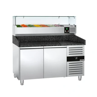 Chladicí stůl na pizzu PREMIUM - 1500x800 mm - se 2 dveřmi - vč. chladicí nástavbové vitríny - 7x GN 1/4
