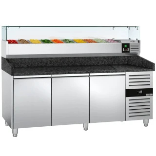 Chladicí stůl na pizzu PREMIUM - 2000x800 mm - se 3 dveřmi - vč. chladicí nástavbové vitríny - 10x GN 1/4