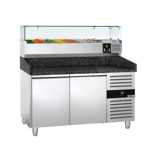 Chladicí stůl na pizzu PREMIUM - 1500x800 mm - se 2 dveřmi - vč. chladicí nástavbové vitríny - 6x GN 1/3