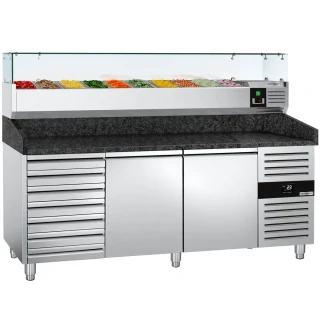 Chladicí stůl na pizzu PREMIUM - 2025x800 mm - se 2 dveřmi a 7 zásuvkami - se žulovou pracovní deskou - vč. chladicí nástavbové vitríny - 10x GN 1/4 -…