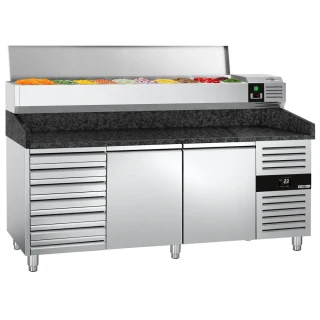 Chladicí stůl na pizzu PREMIUM - 2025x800 mm - se 2 dveřmi a 7 zásuvkami - vč. chladicí nástavbové vitríny - 10x GN 1/4