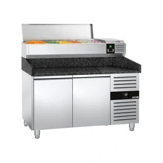 Chladicí stůl na pizzu PREMIUM - 1500x800 mm - se 2 dveřmi - vč. chladicí nástavbové vitríny - 7x GN 1/4