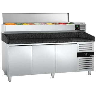 Chladicí stůl na pizzu PREMIUM - 2000x800 mm - se 3 dveřmi - vč. chladicí nástavbové vitríny - 9x GN 1/3