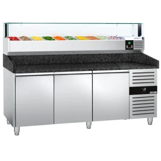 Chladicí stůl na pizzu PREMIUM - 2000x800 mm - se 3 dveřmi - vč. chladicí nástavbové vitríny s LED osvětlením - 10x GN 1/4