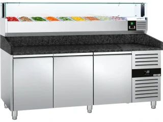 Chladicí stůl na pizzu PREMIUM - 2000x800 mm - se 3 dveřmi - vč. chladicí nástavbové vitríny s LED osvětlením - 9x GN 1/3