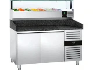 Chladicí stůl na pizzu PREMIUM - 1500x800 mm - se 2 dveřmi - vč. chladicí nástavbové LED vitríny - 7x GN 1/4