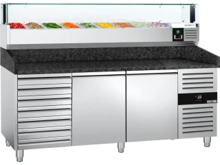 Chladicí stůl na pizzu PREMIUM - 2000x800 mm - se 2 dveřmi a 7 zásuvkami - vč. chladicí nástavbové vitríny s LED osvětlením - 9x GN 1/3