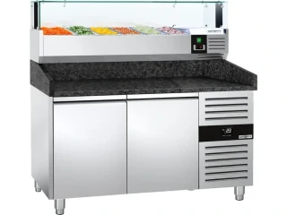 Chladicí stůl na pizzu PREMIUM - 1500x800 mm - se 2 dveřmi - vč. chladicí nástavbové LED vitríny - 6x GN 1/3