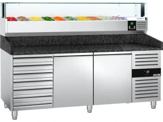 Chladicí stůl na pizzu PREMIUM - 2025x800 mm - se 2 dveřmi a 7 zásuvkami - se žulovou pracovní deskou - vč. chladicí nástavbové vitríny s LED…