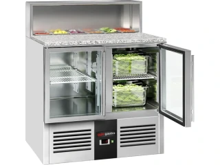 Saladeta PREMIUM - 903 mm - 2 skleněné dveře - s nerezovým krytem pro 5x GN 1/6 - žulová pracovní deska