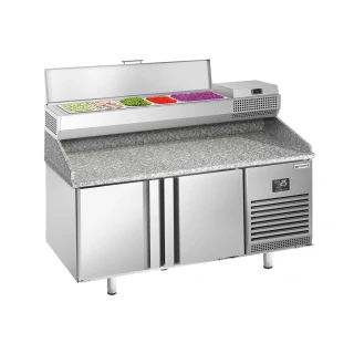 Chladicí stůl na pizzu PREMIUM PLUS - 1490x700 mm - se 2 dveřmi - se žulovou pracovní deskou - vč. chladicí nástavbové vitríny - 6x GN 1/4