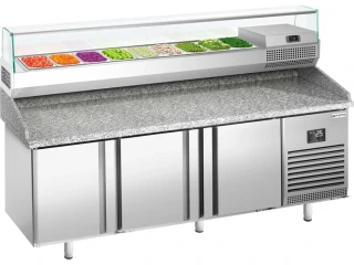 Chladicí stůl na pizzu PREMIUM PLUS - 1980x700 mm - se 3 dveřmi - vč. chladicí nástavbové vitríny - 9x GN 1/4