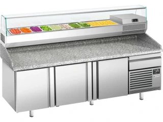 Chladicí stůl na pizzu PREMIUM PLUS - 2305x800 mm - se 3 dveřmi a 1 zásuvkou - vč. chladicí nástavbové vitríny - 10x GN 1/3