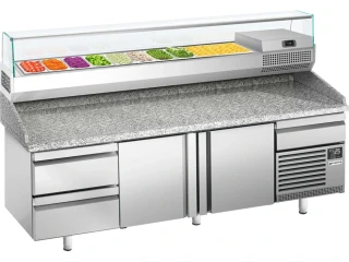 Chladicí stůl na pizzu PREMIUM PLUS - 2305x800 mm - se 2 dveřmi a 2 zásuvkami - se žulovou pracovní deskou - vč. chladicí nástavbové vitríny - 10x GN…