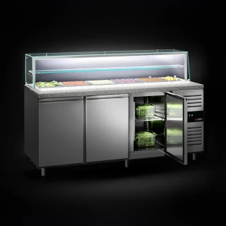 Saladeta PREMIUM - 2020 mm - 3 dveře - se skleněným nástavcem pro 5x GN 1/1 & 1x GN 2/4 & 1 police - žulová pracovní deska