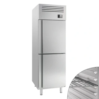 Nerezová chladicí skříň PREMIUM PLUS - GN 2/1 - 686 mm - 560 l - až +8 °C - s 2 poloviční dveře - Digitální termostat; Samozavírací dveře; Ventilované…