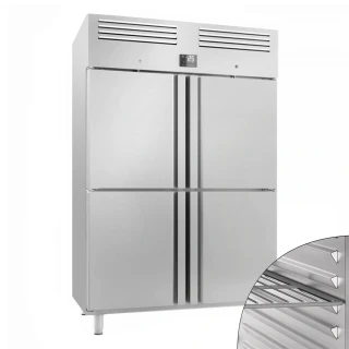 Nerezová chladicí skříň PREMIUM PLUS - GN 2/1 - 1385 mm - 1240 l - až +8 °C - s 4 poloviční dveře - Digitální termostat; Samozavírací dveře;…