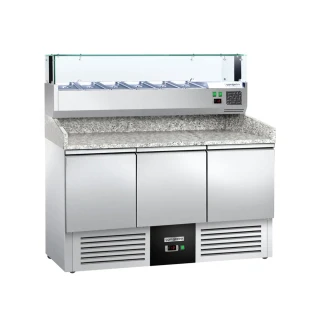 Chladicí stůl na pizzu PREMIUM - 1400x700 mm - se 3 dveřmi - vč. nástavné vitríny - 6x GN 1/4