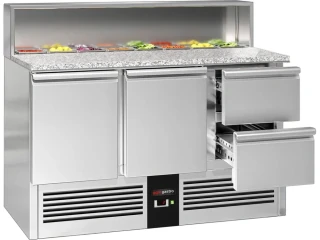 Saladeta PREMIUM - 1368 mm - 2 dveře & 2 zásuvky - s nerezovým krytem pro 8x GN 1/6 - žulová pracovní deska