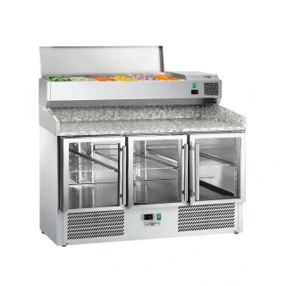 Chladicí stůl na pizzu ECO - 1400x700 mm - se 3 dveřmi - vč. chladicí nástavbové vitríny - 6x GN 1/4