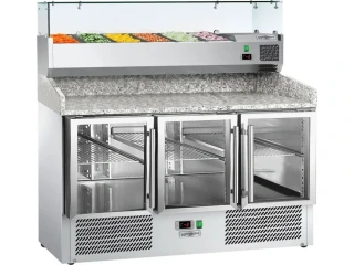 Chladicí stůl na pizzu ECO - 1400x700 mm - se 3 skleněnými dveřmi - vč. chladicí nástavbové vitríny - 6x GN 1/4