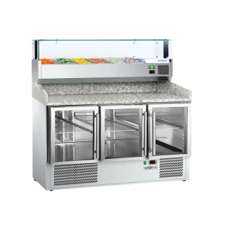 Chladicí stůl na pizzu PREMIUM - 1400x700 mm - se 3 dveřmi - vč. chladicí nástavbové vitríny s LED osvětlením - 6x GN 1/4