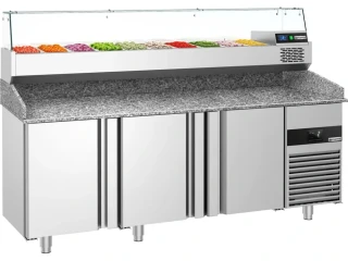 Chladicí stůl na pizzu PREMIUM - 2100x800 mm - se 3 dveřmi - se žulovou pracovní deskou - vč. chladicí nástavbové vitríny - 10x GN 1/3