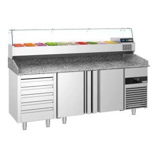 Chladicí stůl na pizzu PREMIUM - 2100x800 mm - se 2 dveřmi a 5 zásuvkami - se žulovou pracovní deskou - vč. chladicí nástavbové vitríny - 10x GN 1/3