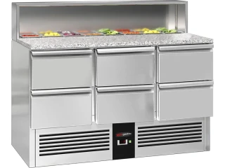 Saladeta PREMIUM - 1368 mm - 402 l - 6 zásuvky - s nerezovým krytem pro 8x GN 1/6 - žulová pracovní deska