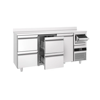 Barový chladicí stůl PREMIUM - 2135x600 mm - s 1 dveřmi, 4 zásuvkami, zadní lištou & odklepávačem na kávu