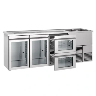 Výčepní pult PREMIUM - 2500x700 mm - 2 skleněné dveře & 2 skleněné zásuvky